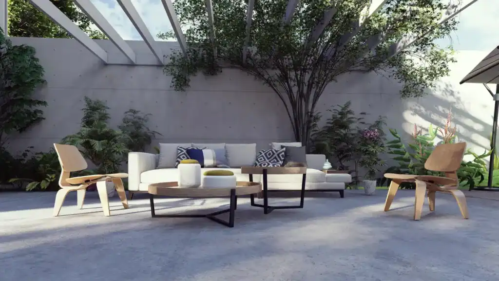 Modern outdoor living space with stylish furniture, lush greenery, and a minimalist design for a luxurious backyard retreat.