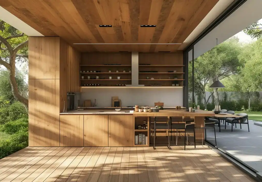 Modern indoor kitchen with wooden cabinetry, open shelving, and large glass sliding doors opening to a lush green outdoor space.