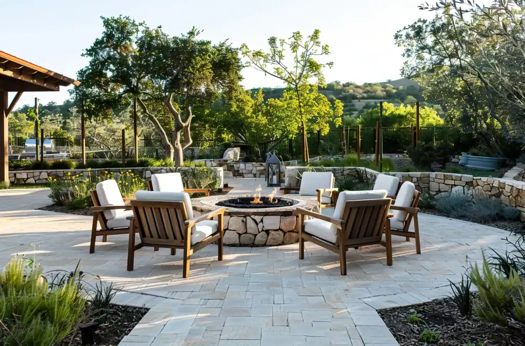 Relaxing outdoor patio with a circular stone fire pit surrounded by comfortable wooden armchairs with white cushions, set amidst lush greenery and scenic landscape.