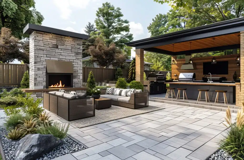 Modern backyard outdoor living space with a cozy fireplace, stylish seating area, outdoor kitchen, and lush greenery under a clear sky. Perfect for entertaining and relaxation.