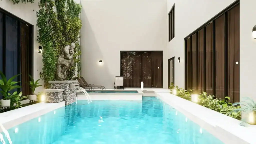 Luxurious modern backyard pool with a waterfall feature, surrounded by greenery, stylish lounge chairs, and elegant lighting, creating a perfect relaxing outdoor oasis.