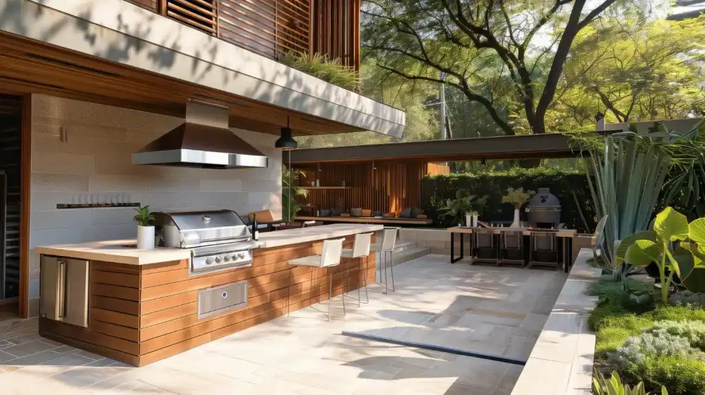 Lush outdoor kitchen with built-in grill, sleek countertops, and modern seating, surrounded by greenery and mature trees. Perfect for outdoor dining and entertaining in a luxurious backyard setting.