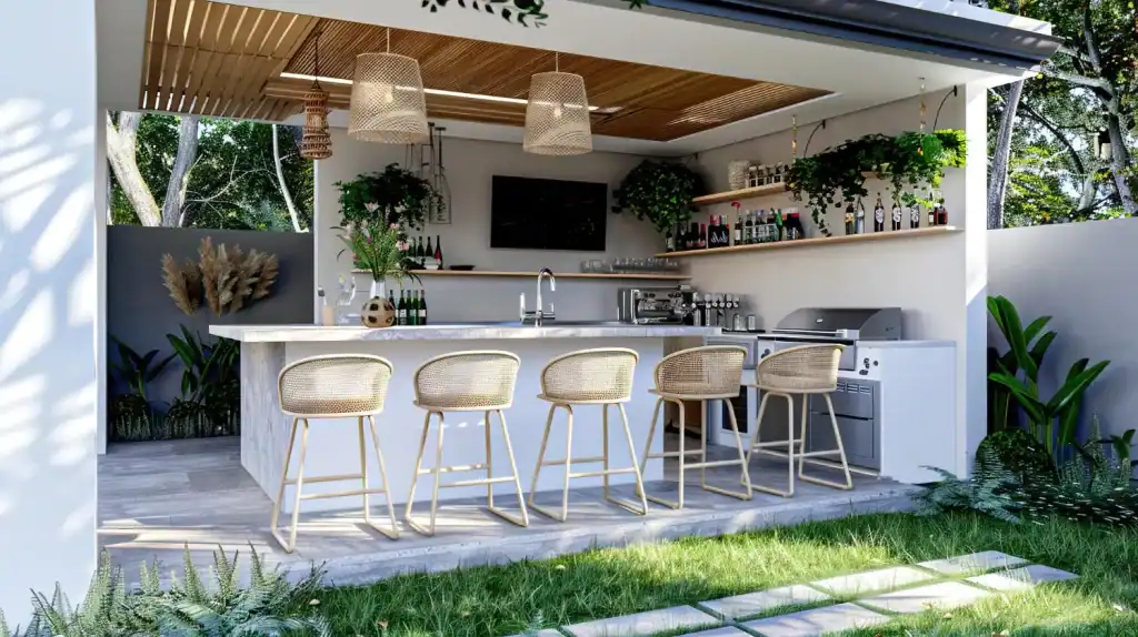 Bright outdoor poolside bar and lounge area with modern decor, rattan chairs, bar shelves stocked with drinks, and lush greenery, perfect for relaxing and entertaining in your dream pool setting.