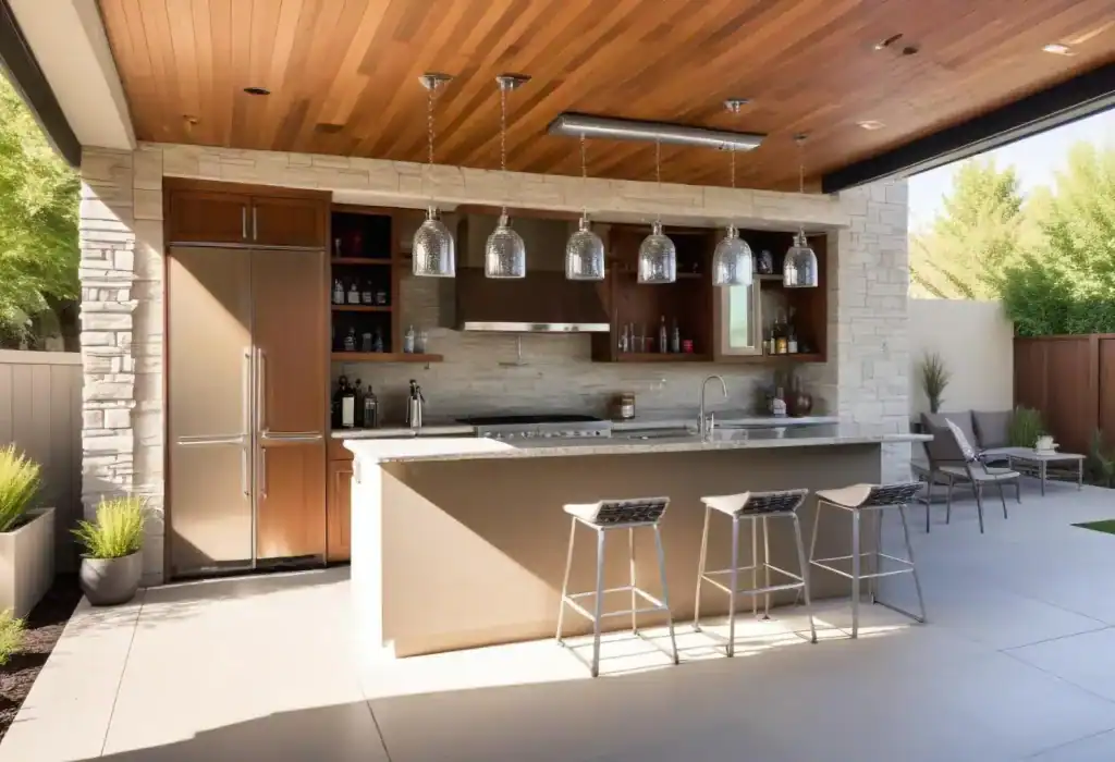 Modern outdoor kitchen with built-in appliances, hanging pendant lights, and stylish seating area, perfect for poolside entertaining and relaxing.