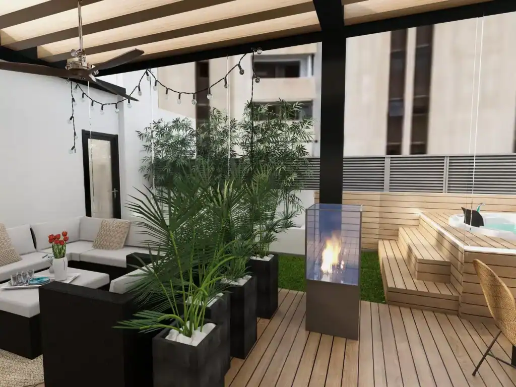 A stylish outdoor patio with modern furniture, a fire pit, lush potted plants, and a hot tub, perfect for relaxing and entertaining in a luxurious backyard setting.