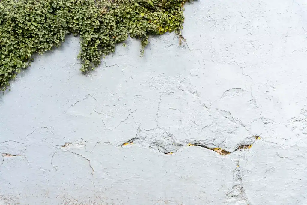 Cracked white wall with green ivy growing on the top left corner.