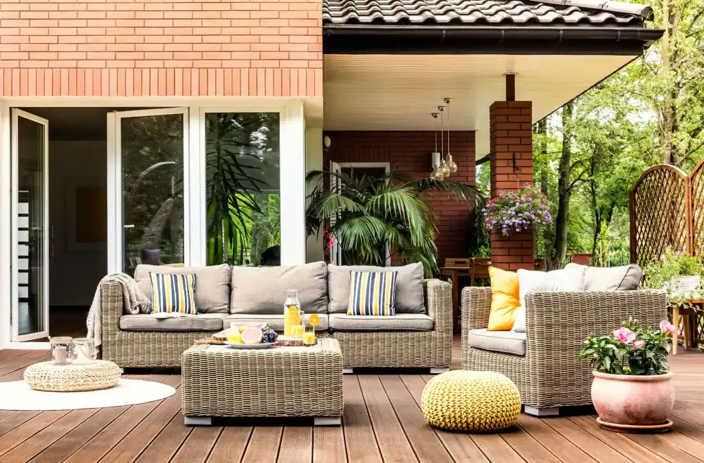 Elegant outdoor patio with comfortable wicker furniture, colorful cushions, lush green plants, and vibrant flowers, perfect for relaxing by your custom-built dream pool.