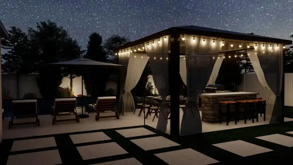 Luxury backyard outdoor living space featuring a lit pergola with curtains, seating, bar area, and starry night sky. Perfect for relaxing or entertaining in style.