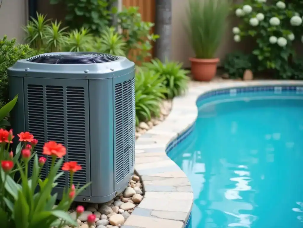 High-efficiency pool heat pump installed near a backyard swimming pool, surrounded by lush green plants and flowers, ideal for outdoor pool heating solutions.