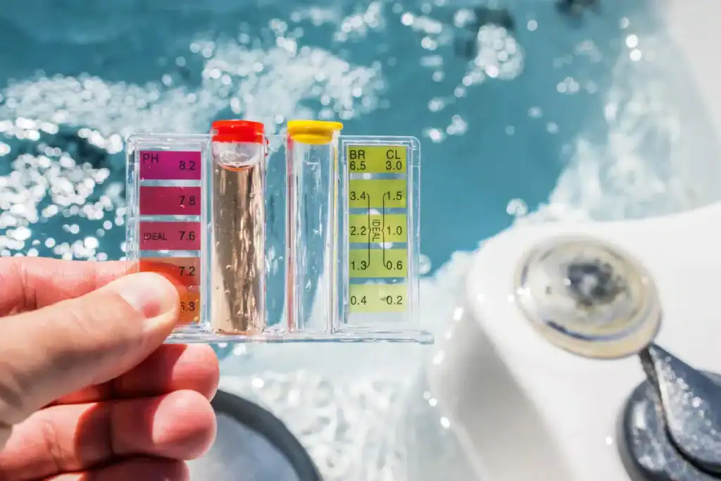 PH and chlorine test strips being used to measure water quality in a pool, with a pool jet in the background, emphasizing pool maintenance and water safety.