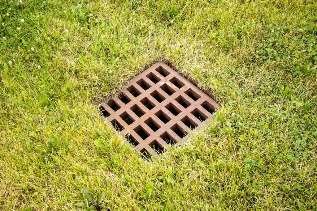 Rust-colored metal drain cover surrounded by lush green grass.