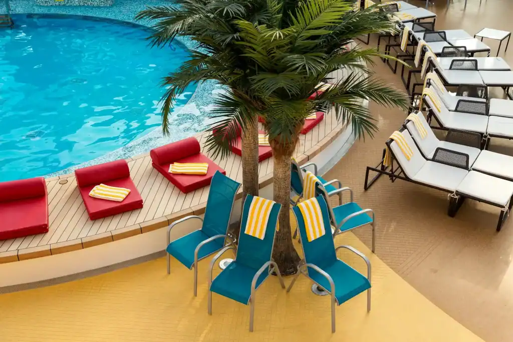 Lush Palm Tree Surrounds a Vibrant Indoor Pool Area with Lounge Chairs and Sunbathing Cushions, Creating a Relaxing and Tropical Atmosphere for Poolside Enjoyment.