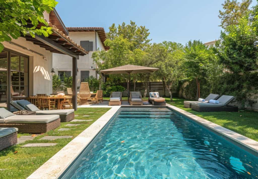 Elegant backyard pool with integrated patio, seating zones, and shaded lounging areas for versatile outdoor entertainment.
