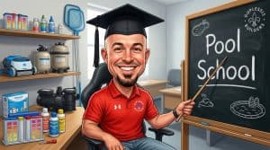 Happy man in graduation cap and red shirt pointing at a chalkboard with "Pool School" written on it, in a pool construction classroom setting.